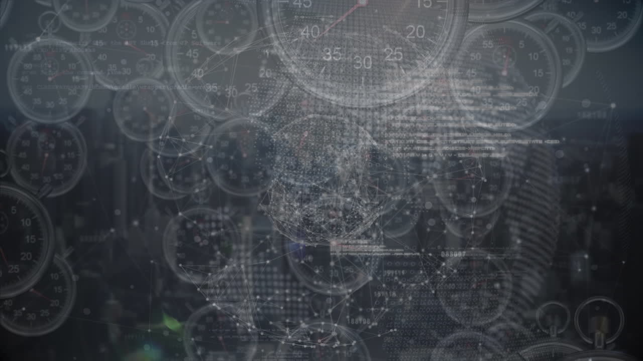 animación del procesamiento de datos con globo de conexiones y relojes sobre el paisaje urbano
