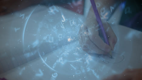 Alphabets floating and spinning against close up of a student hand drawing in a book at school