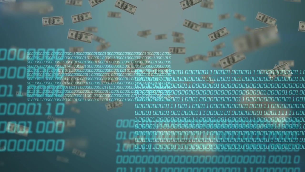 Banconote USD che cadono, fluttuando in una tonalità verde acqua, con codice ciano che appare e visualizza dati finanziari.