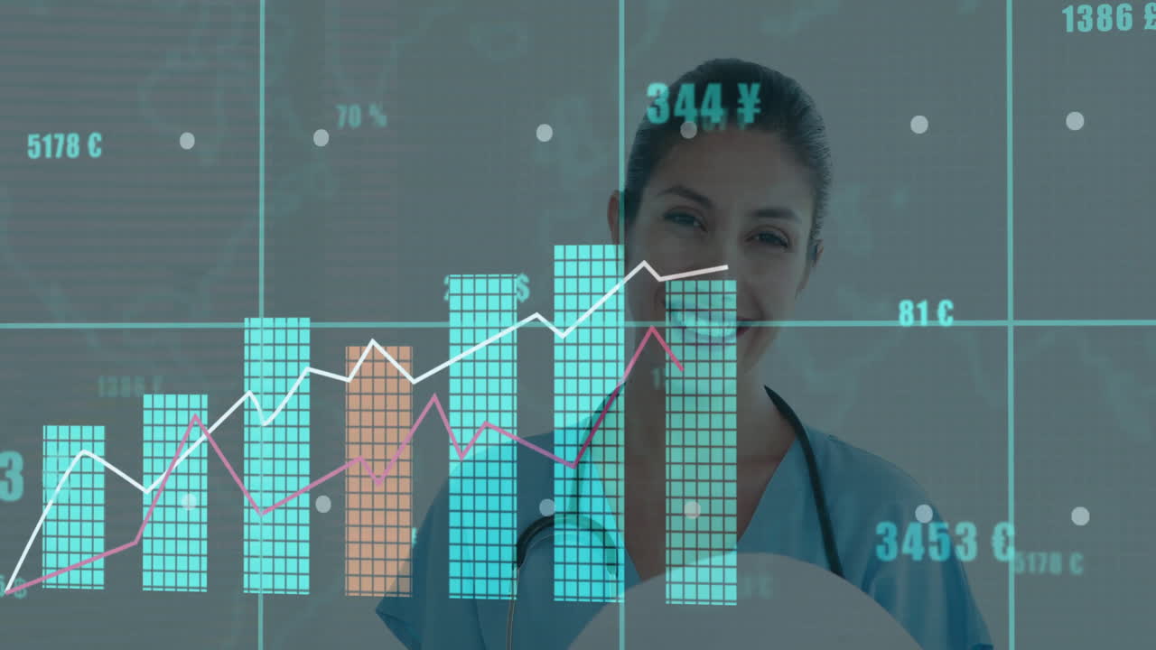 female doctor integrating bar charts line graphs currency symbols on medical data interface