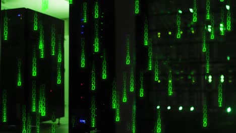 animation of light trails of binary coding falling against computer server room