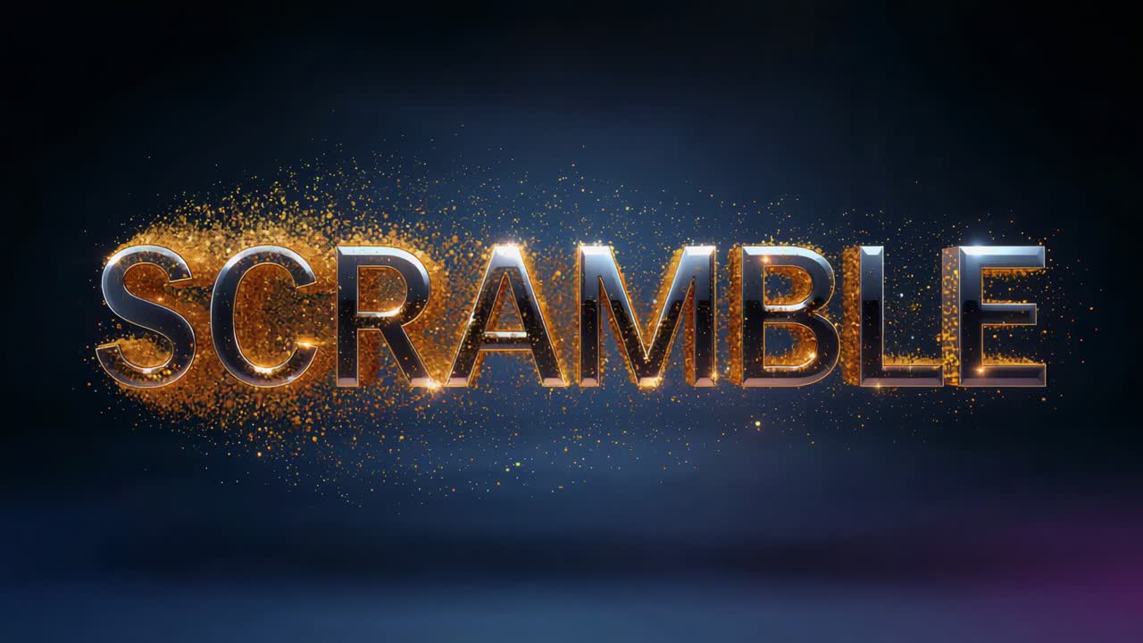 Emitter aktiverer metallisk SCRAMBLE-logo, der får en glødende guldbelægning for tekstur i studiet