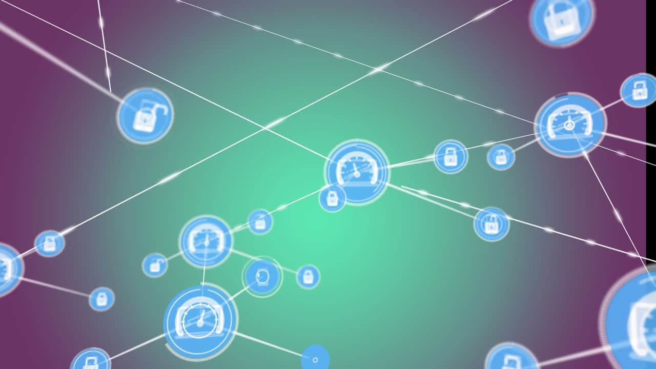 Animation of network of connections with icons over blue background