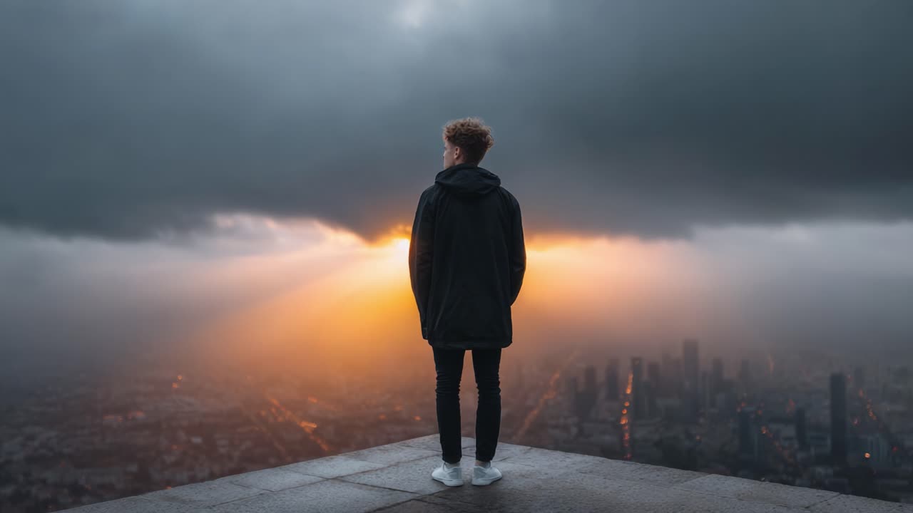 A contemplative figure stands at the edge of an urban landscape, gazing at the dramatic sunset breaking through the clouds, creating a breathtaking visual of solitude and beauty