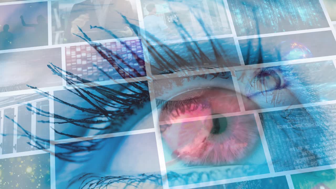 Animation of woman's eye and data processing on screens