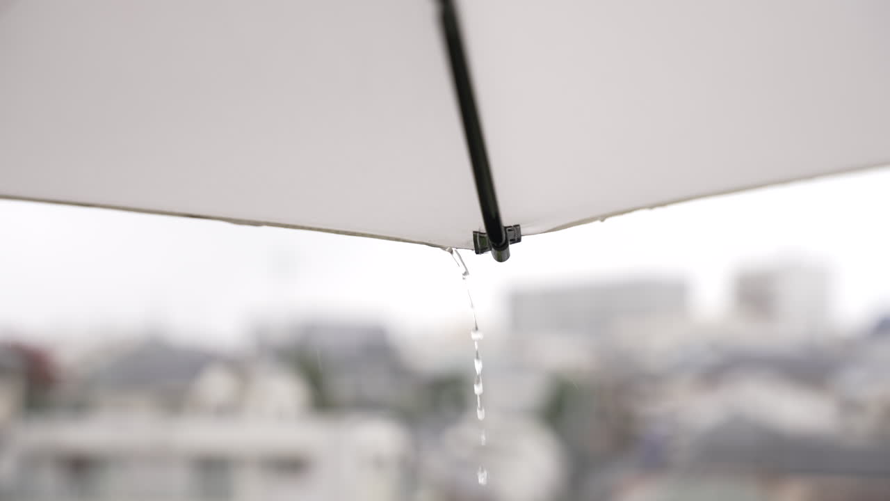 gotas de agua caen desde la superficie de la sombrilla blanca durante la temporada de lluvias