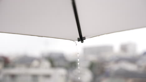Drops-Of-Water-Flow-Down-From-The-Surface-Of-The-White-Parasol-During-Rainy-Season