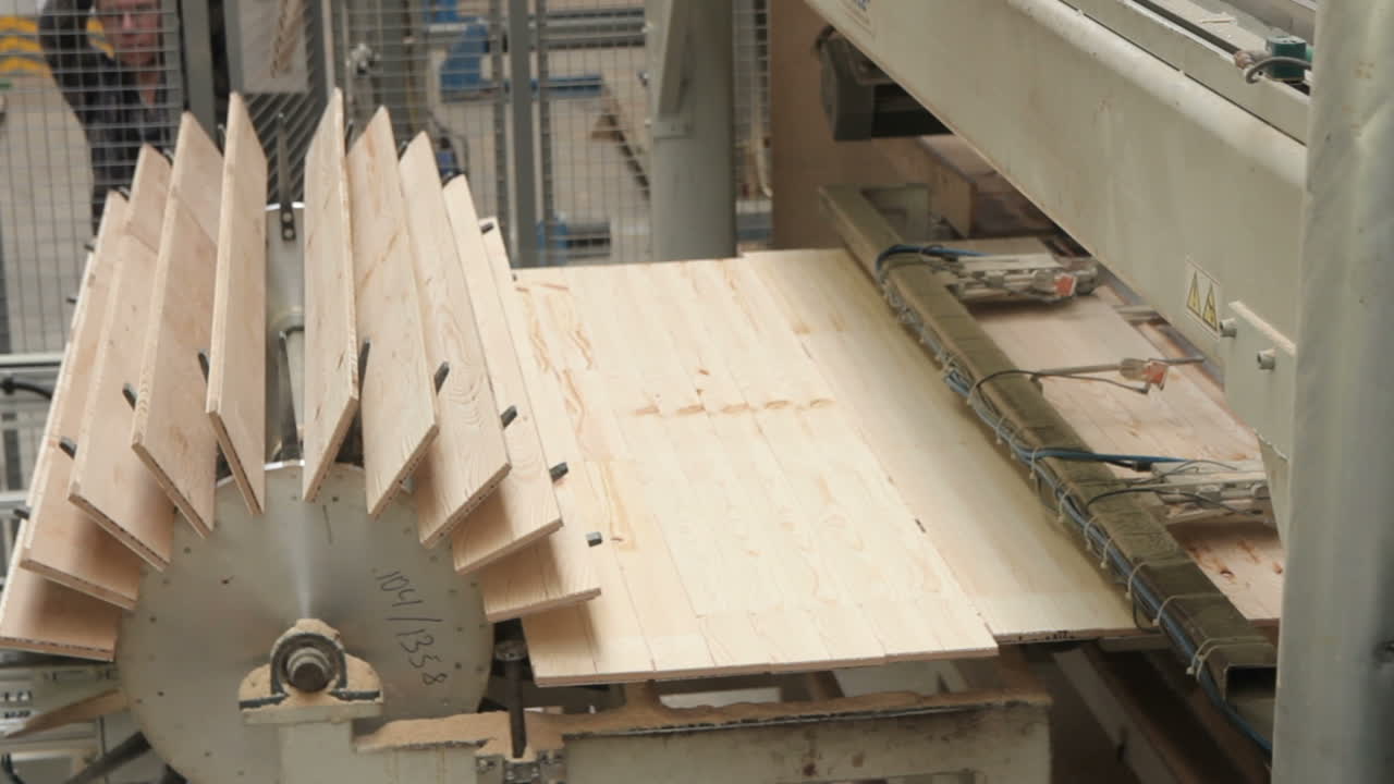 Timber Flooring Factory. VINNITSA, UKRAINE - MARCH 2017: Manufacture of flooring, parquet processing