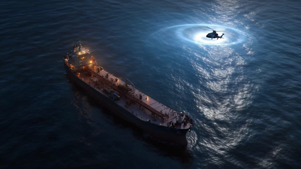 Una petroliera naviga di notte al chiaro di luna. Un elicottero si libra in alto, illuminando la nave. L'acqua scura increspata riflette la luce. La scena suggerisce sorveglianza marittima o salvataggio.