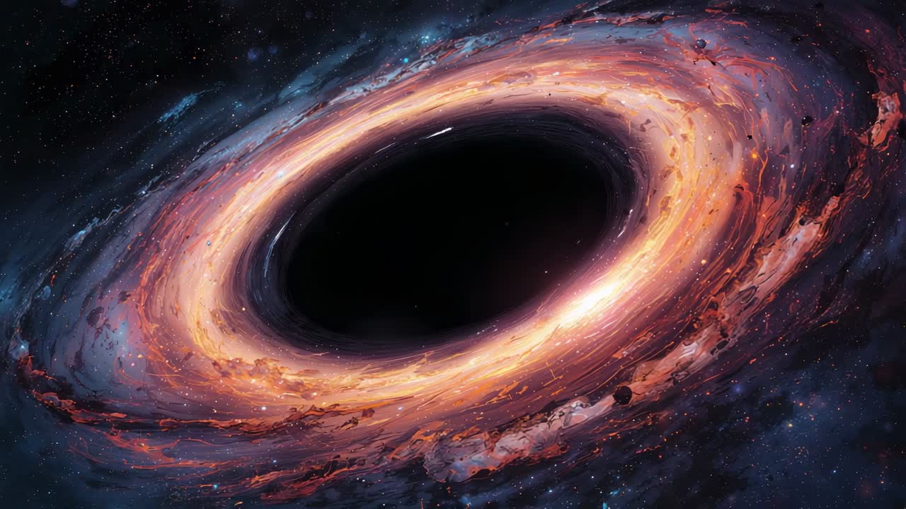Rotating accretion disk encircling supermassive black hole in space, shifting gold to orange hues
