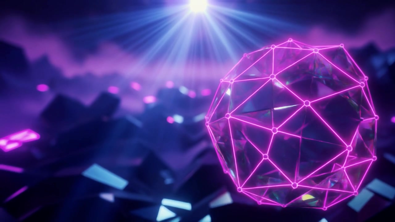 Sfera geometrica al neon luminosa che fluttua su un paesaggio oscuro astratto