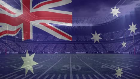 Animation-Des-Schwenkens-Der-Australischen-Flagge-Vor-Dem-Blick-Auf-Ein-Sportstadion