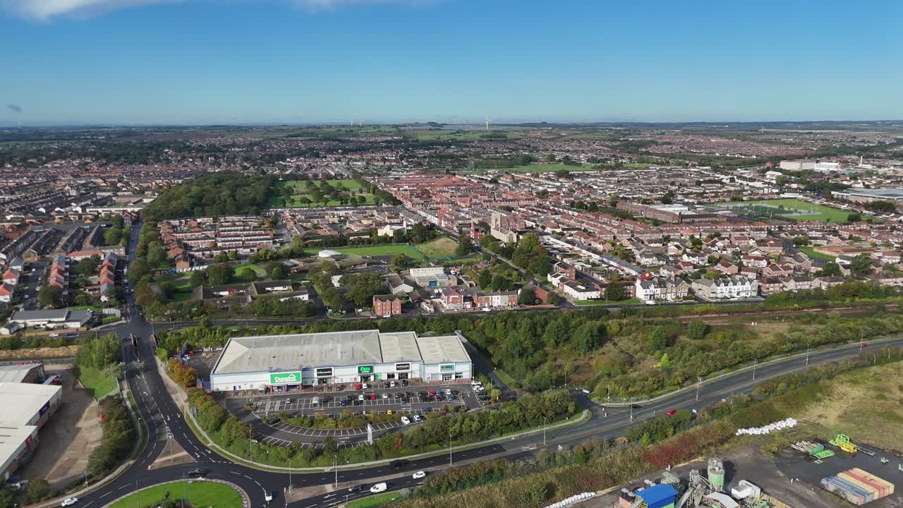 Aerial drone video Hartlepool marina harbour port beach coastal town County Durham North East England UK