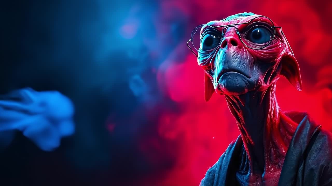 A man in a red and blue alien costume with smoke coming out of his mouth
