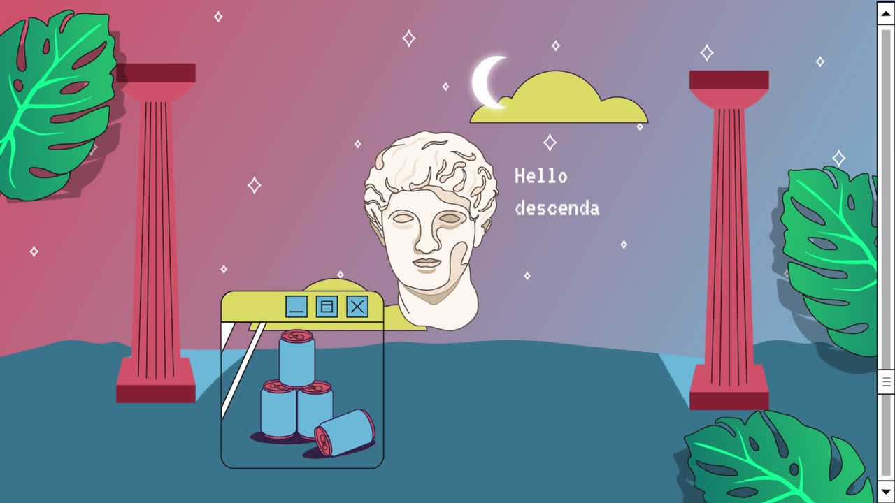 사용자 인터페이스 요소와 만화 로마 고대 동상, 트렌디한 오래된 미학적 배경, 현대 미술 애니메이션을 가진 레트로 파포레이브 포스터.