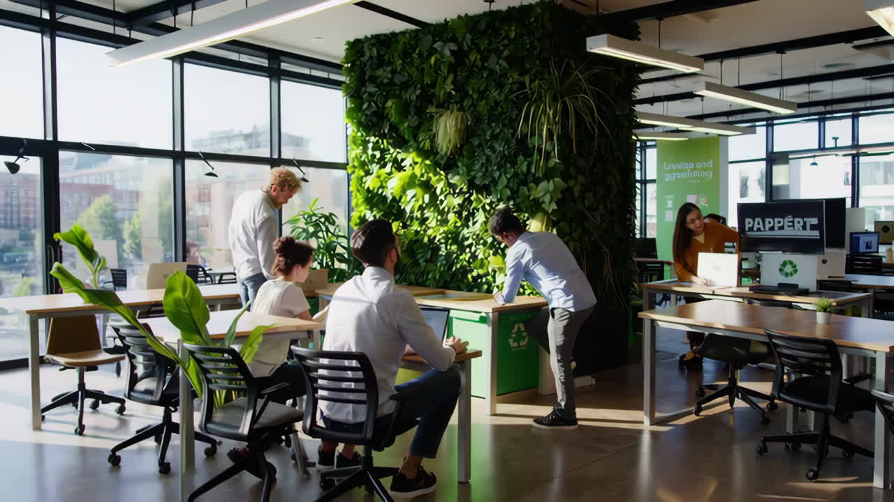 People working in a modern green office space with a living wall and recycling bins