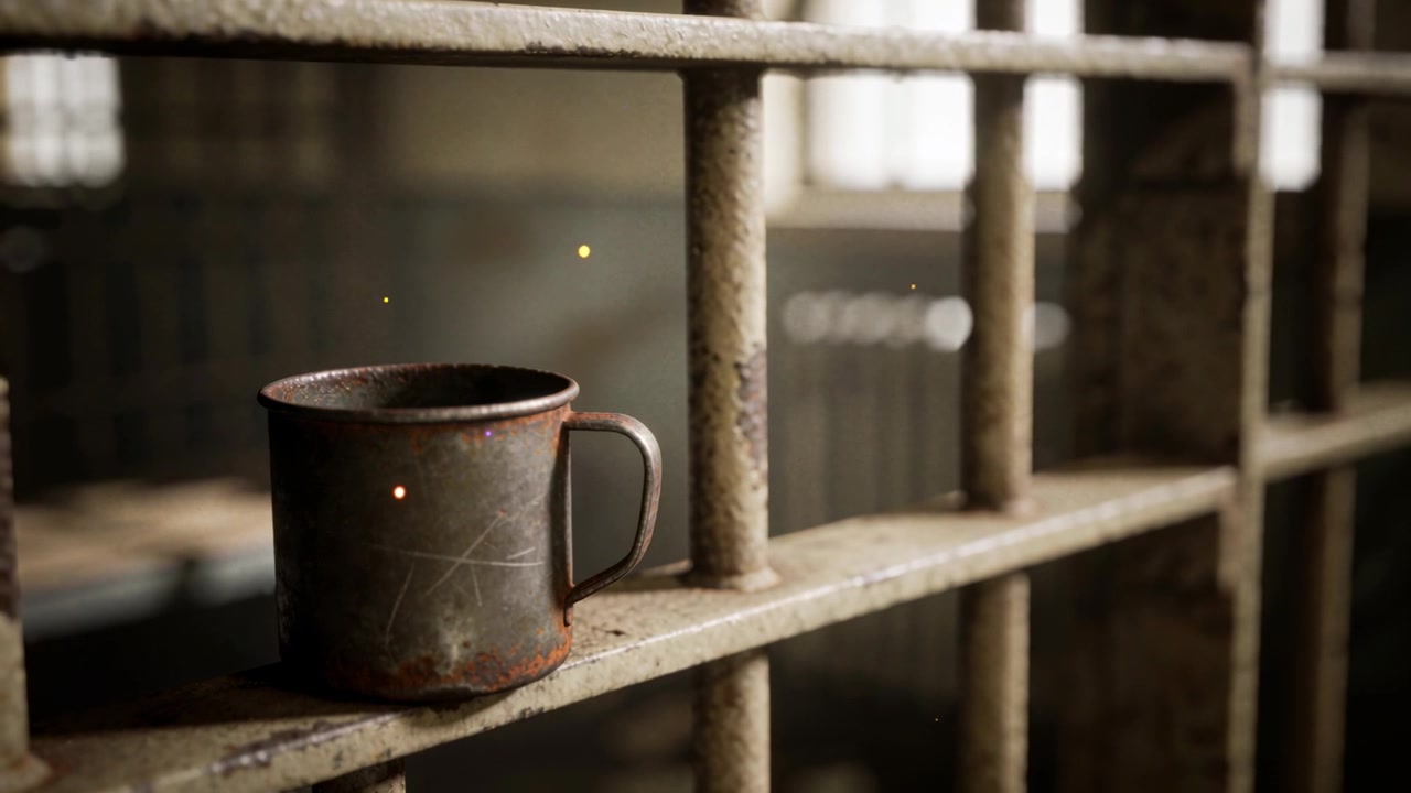Appearing glowing particles drifting past rusted metal cup on worn bar in cell near barred window
