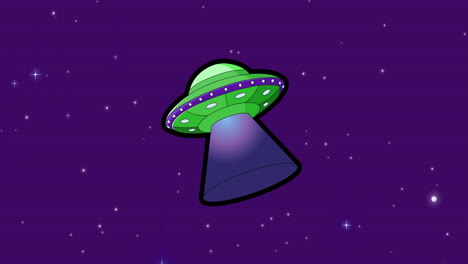 animación del universo con nave espacial verde y púrpura y estrellas en el cielo púrpura
