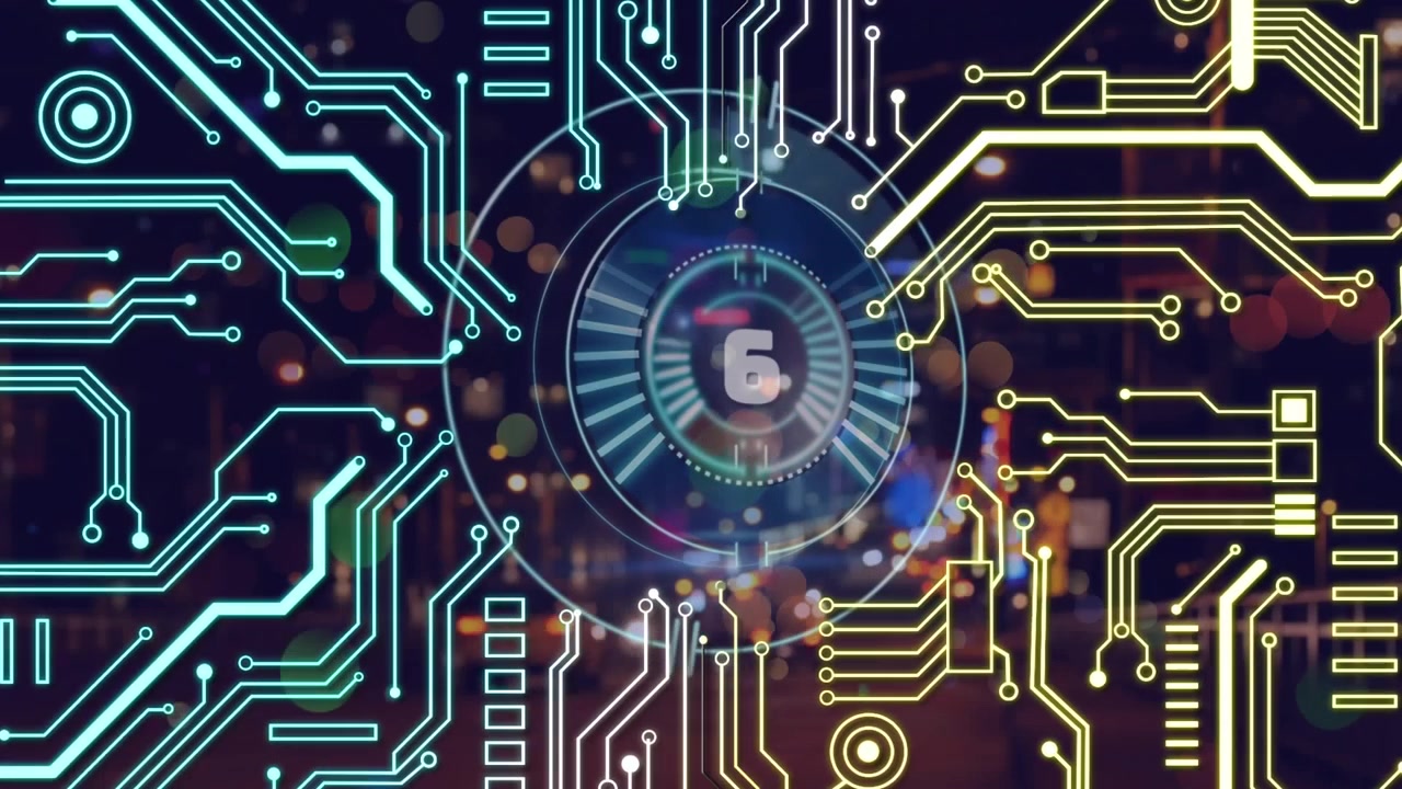 Animation of microprocessor connections and countdown over round scanner against night city traffic