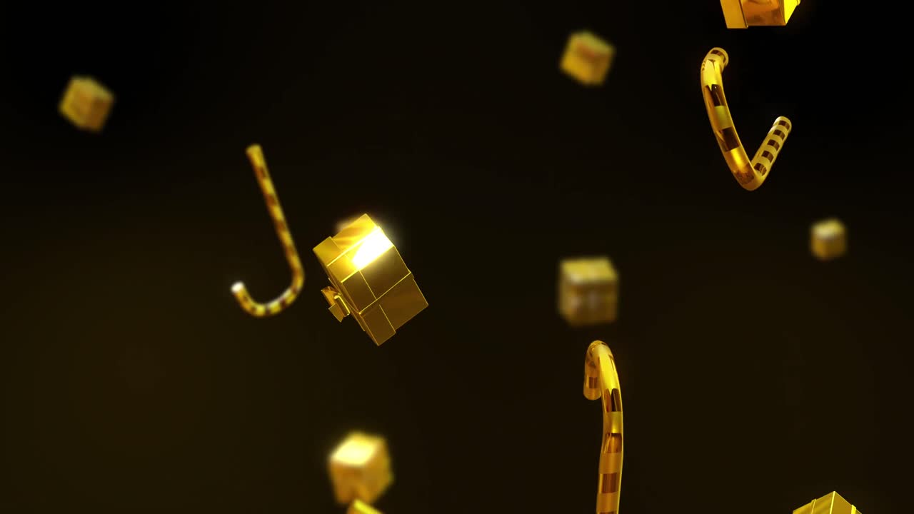 황금 선물과 사탕 막대기가 검은 바탕에 떨어지는 애니메이션.