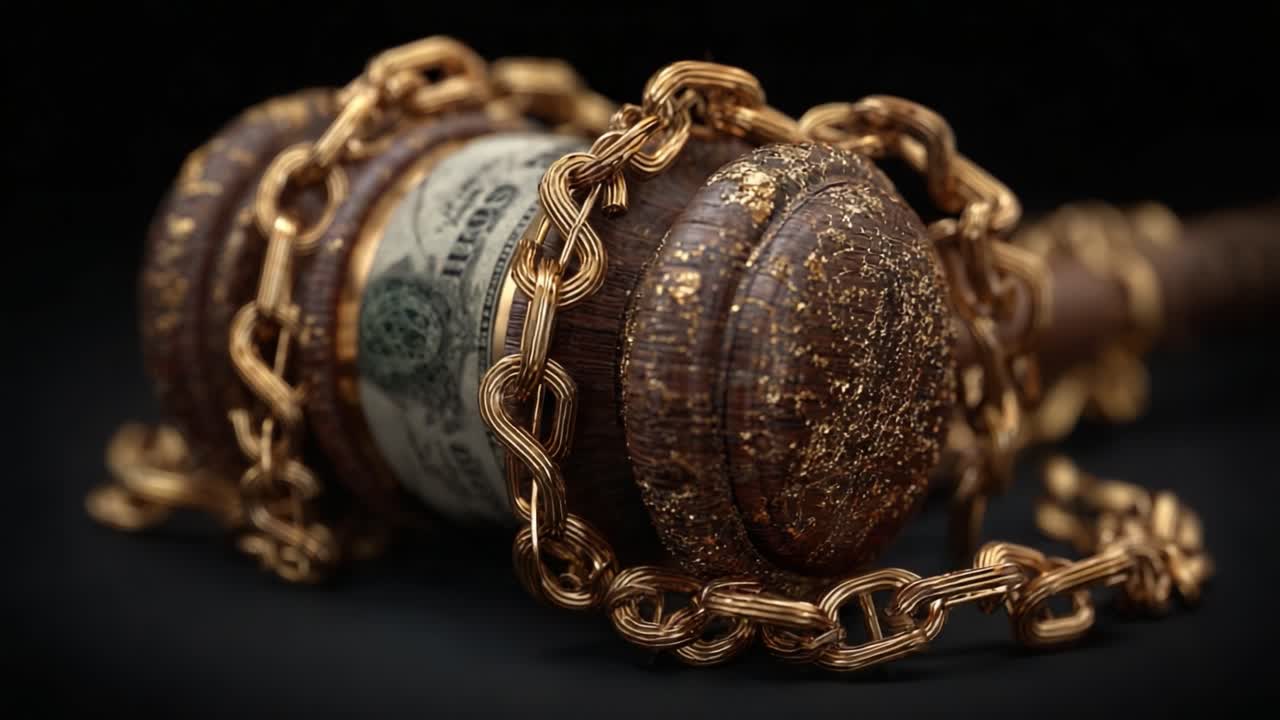 A Gavel Bound by Golden Chains: A Symbolic Representation of Justice and Financial Constraint, Merging Authority with Wealth in a Striking Visual Metaphor