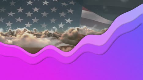 animation of purple shape moving on usa flag waving over clouds