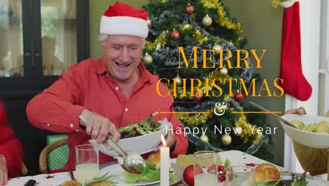 animation of christmas greetings text over senior caucasian man at christmas meal table