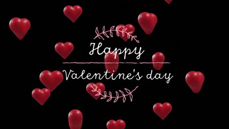 animation of happy valentine's day text over red hearts on black background