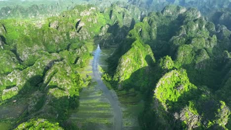 aerial view of dramatic karst landscape with lush vegetation and a narrow river valley, ideal for eco-tourism, geology, nature exploration, and southeast asian scenery.