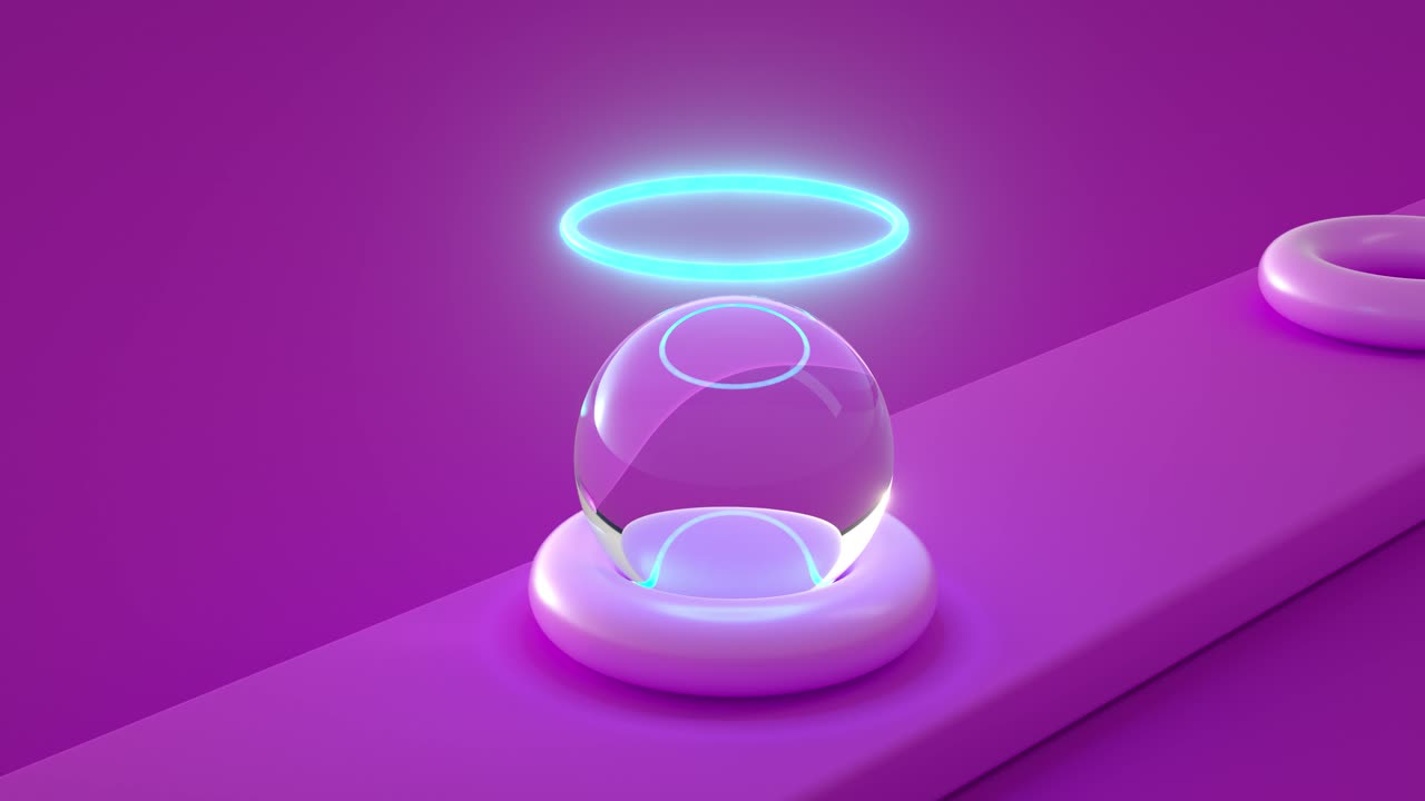 Transparent sphere gracefully descends through a ring onto a conveyor belt. 3D loop