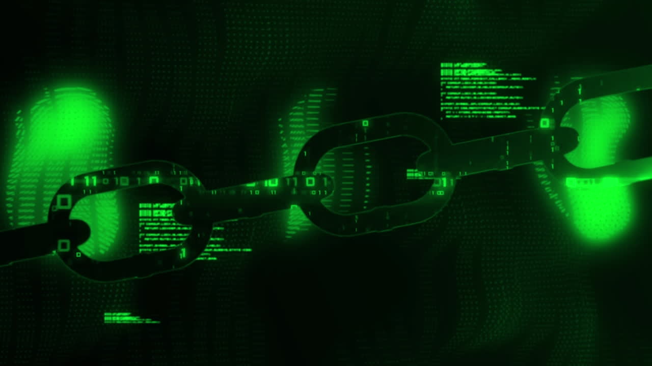 Animazione di elaborazione dati e formule chimiche su mano verde e