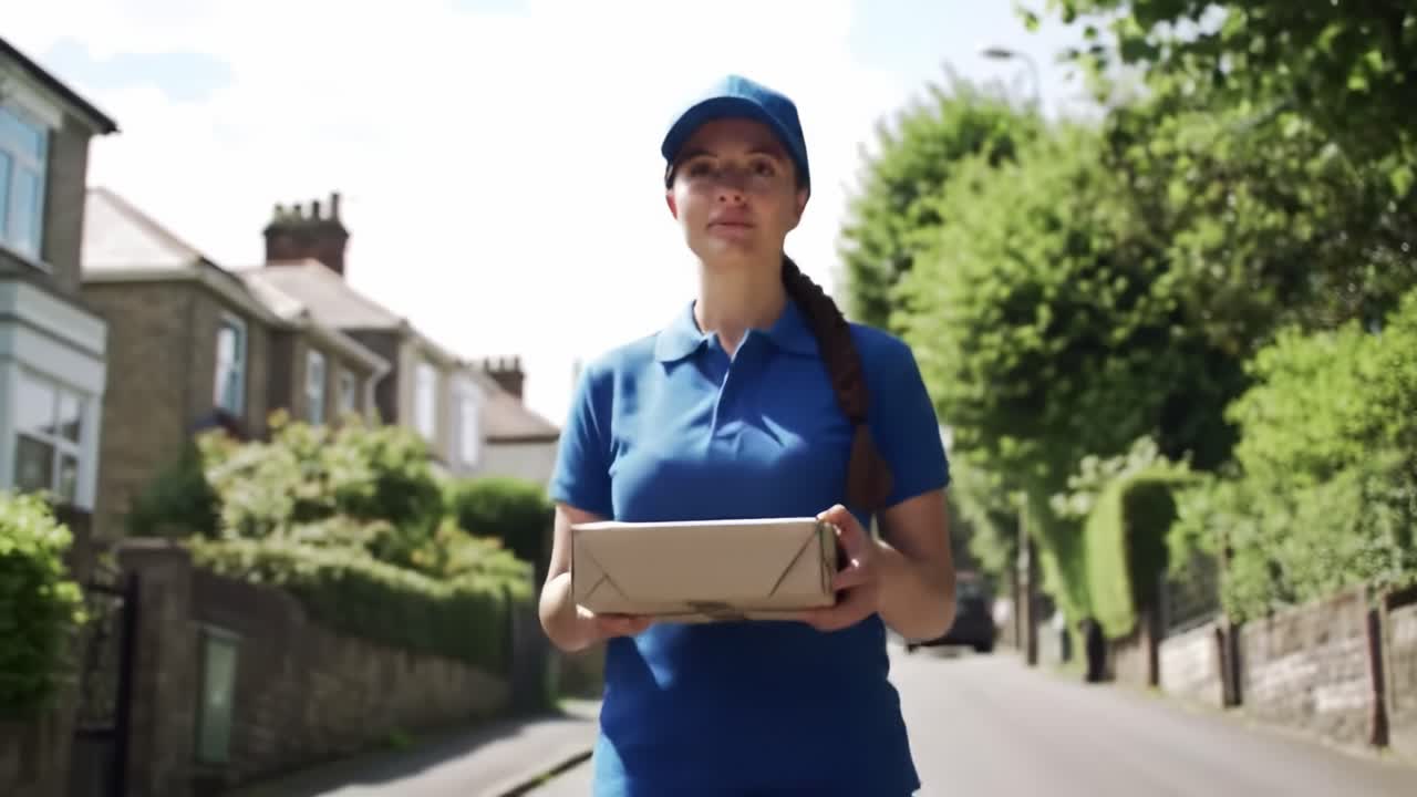 A delivery person dressed in a blue uniform confidently walks down a quiet residential street, holding a package. The sun shines brightly as trees line the road.