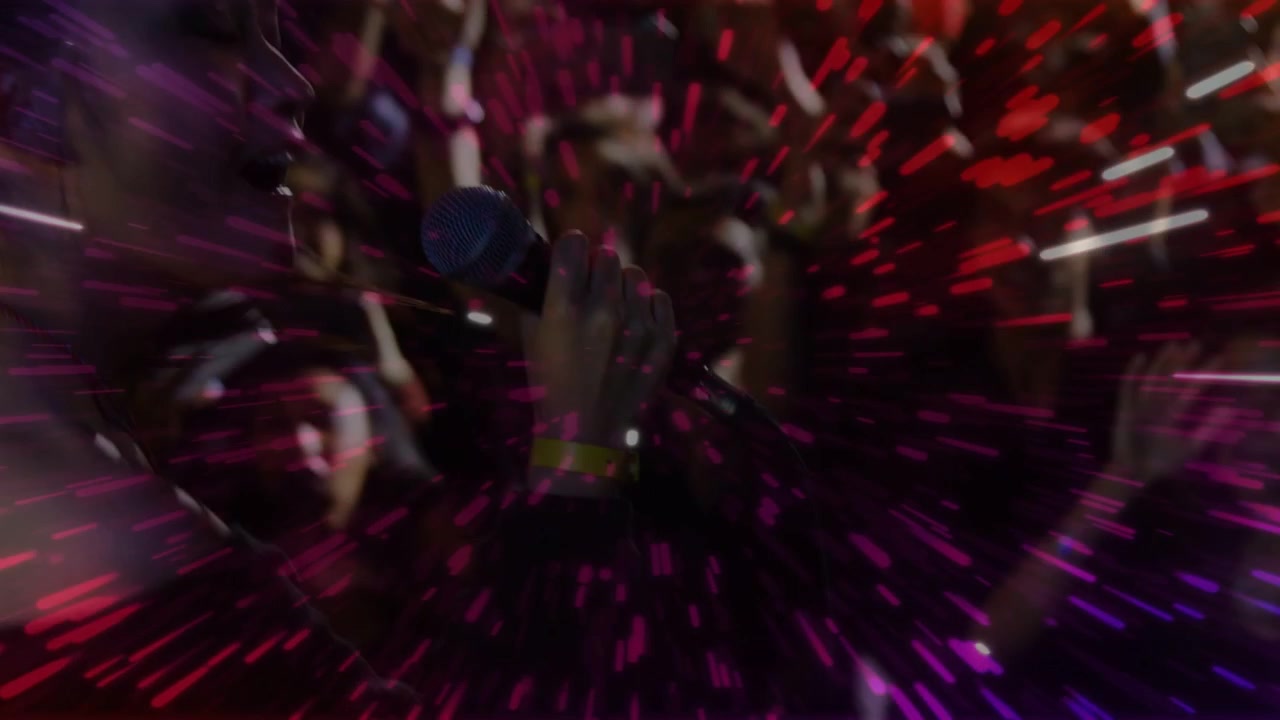 Radial streaks receding in music club, performer raising mic, driving crowd cheers with phones