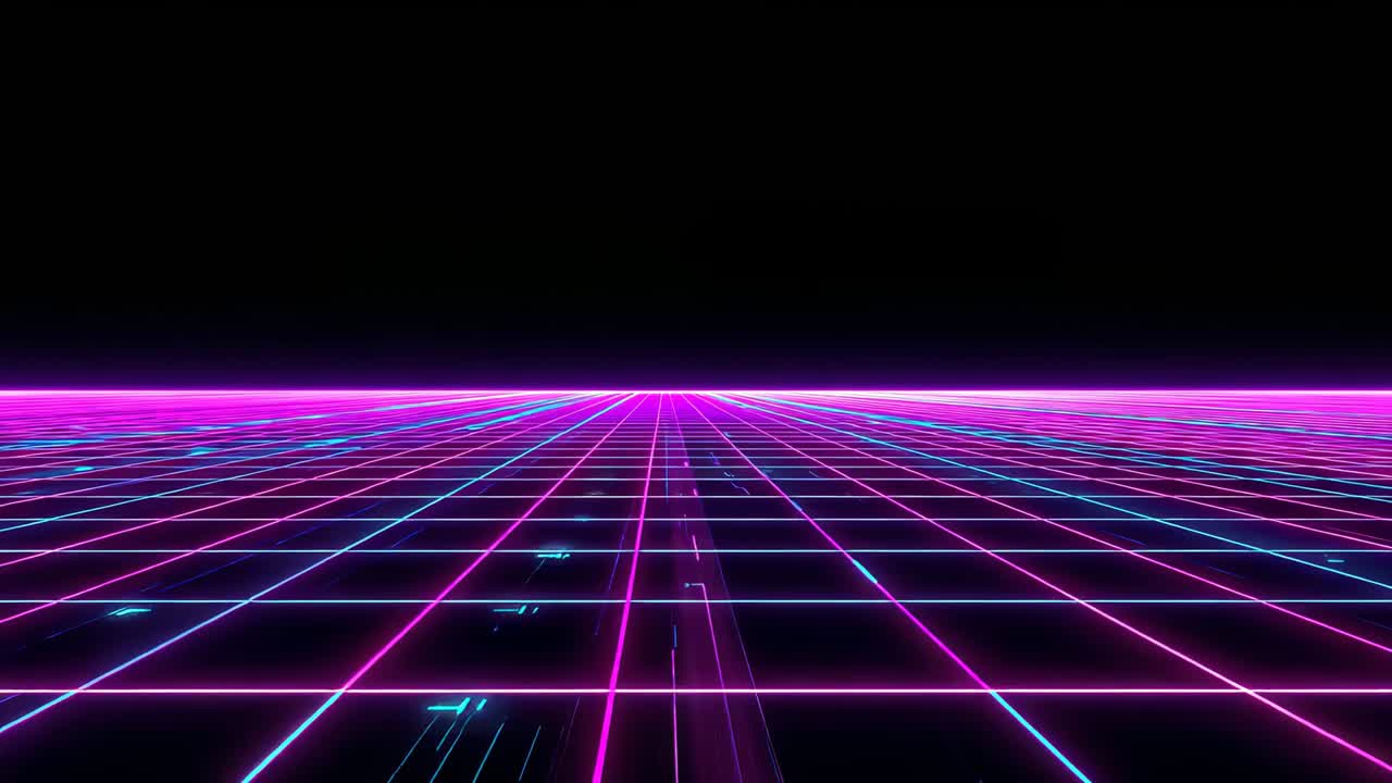 Griglia al neon ripetuta e ciclica che si sposta su un orizzonte magenta sopra un cielo nero, ripetuta e ciclica con macchioline ciano