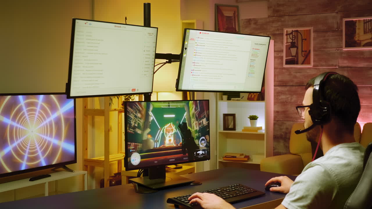 젊은 남자가 슈팅 게임을 즐기고 있습니다.