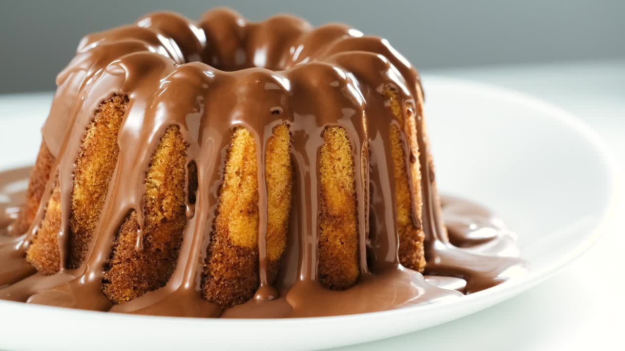 vertiendo la guinda de nougat de chocolate en el pastel de mármol