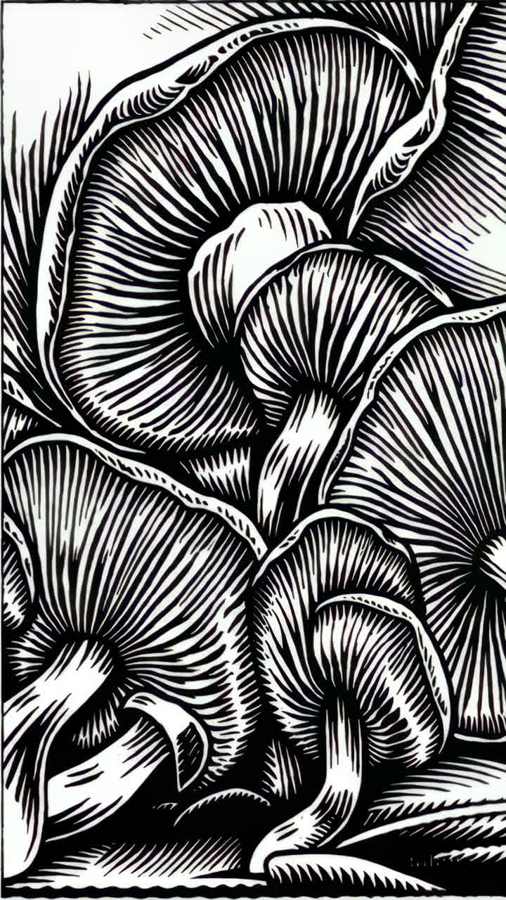 Black and White Woodcut Style Illustration of Mushrooms