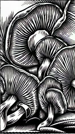 black and white woodcut style illustration of mushrooms