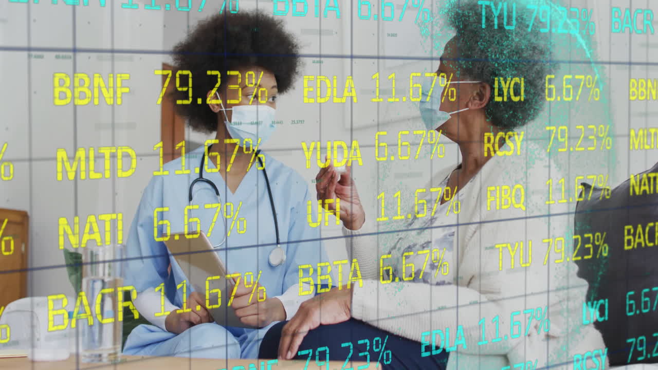 nurse using tablet with patient during health consultation, featuring animated percentages and grid
