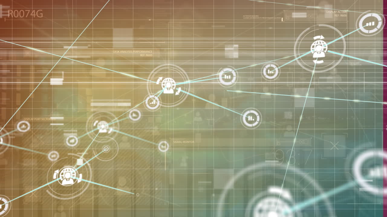 animación de personas gráficas iconos que se conectan con líneas con patrones de cuadrícula sobre gráfico en movimiento