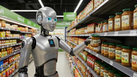 a futuristic shopping experience: a humanoid robot assists shoppers in a grocery store aisle, interacting with various food products on the shelves
