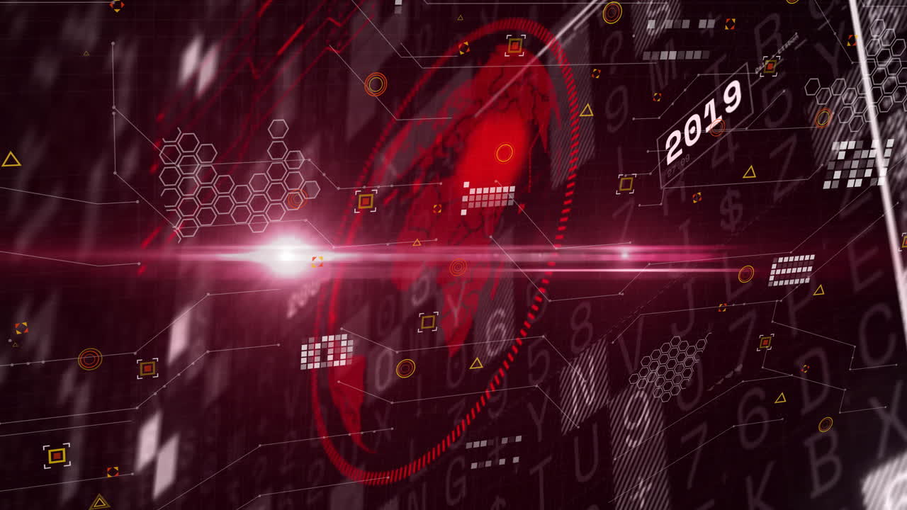 Digital data and futuristic technology animation with numbers and hexagons on red background