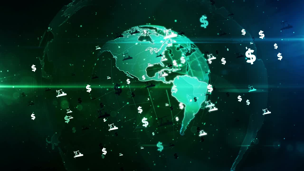 Dollar money and oil symbols over world globe loop and seamless background