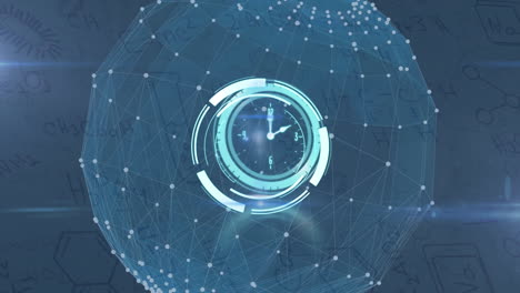 animation of clock moving over globe, connections and chemical icons on blue background