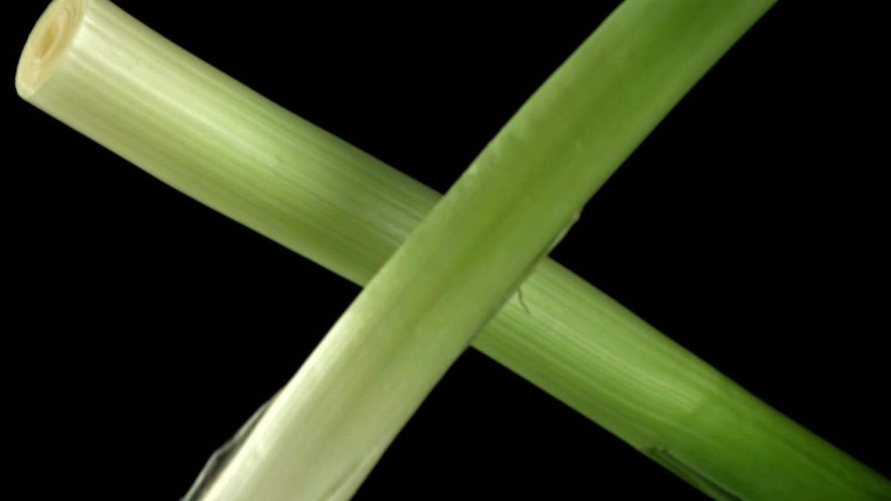 Macro di steli di porro verde vibrante con goccioline d'acqua.