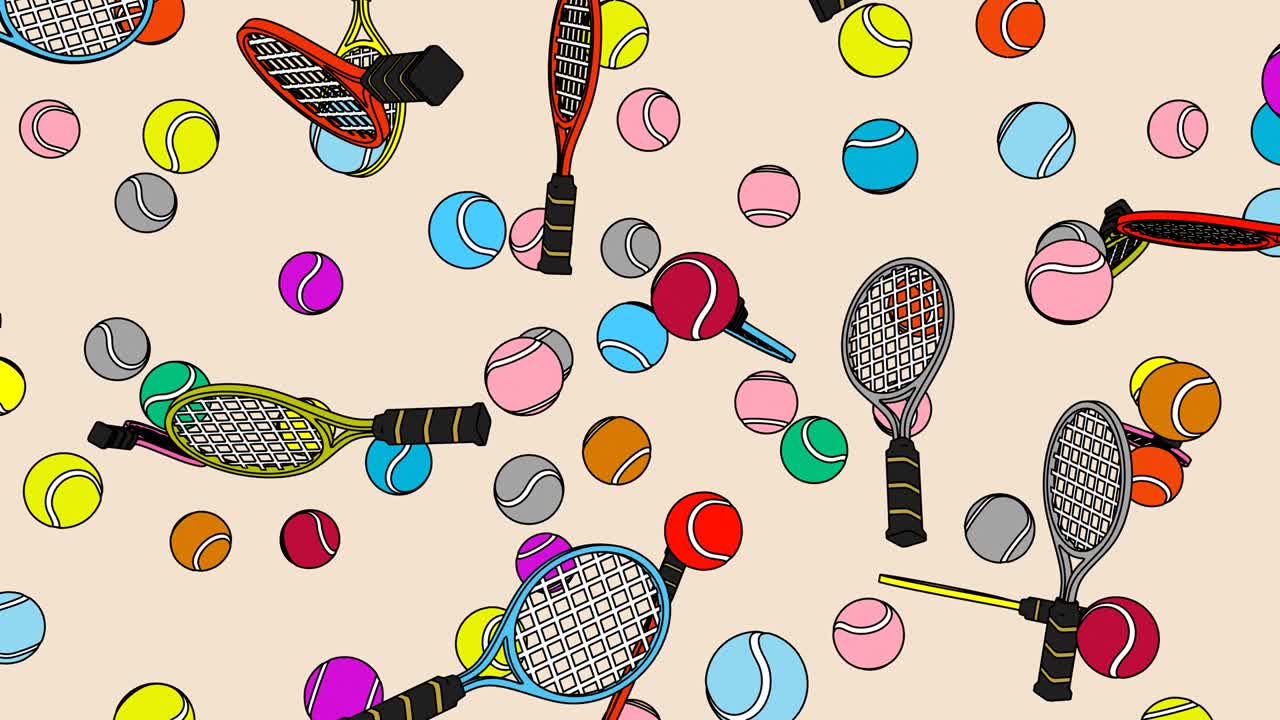 베이지색 배경에 다채로운 테니스 공과 테니스 라켓을 그렸습니다.