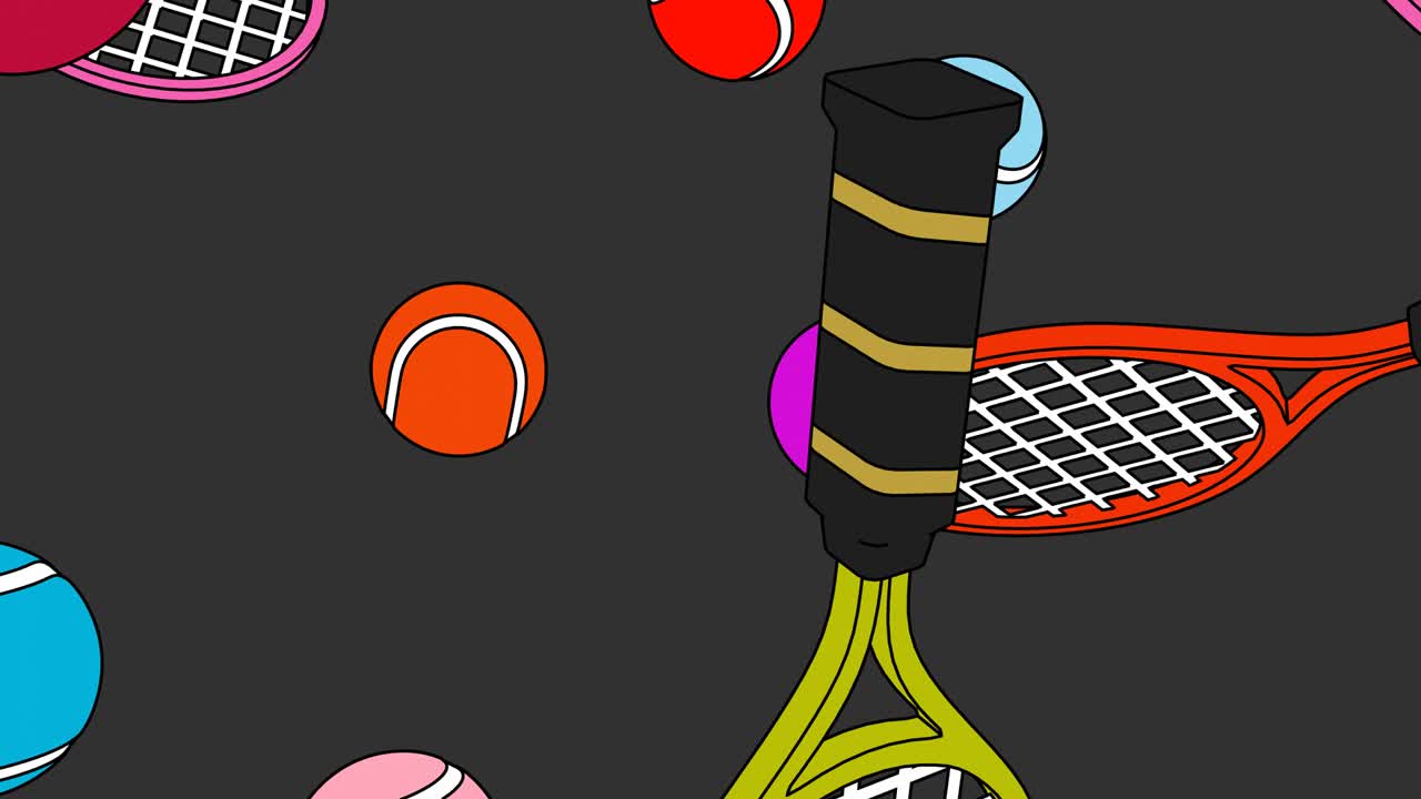 회색 바탕에 다채로운 테니스 공과 테니스 라켓을 그린 스타일입니다.