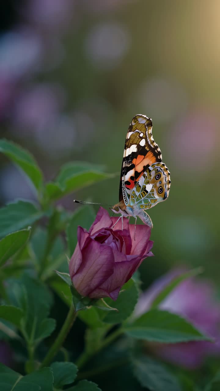 Farfalla delicata che sbatte le ali su un bocciolo di rosa viola