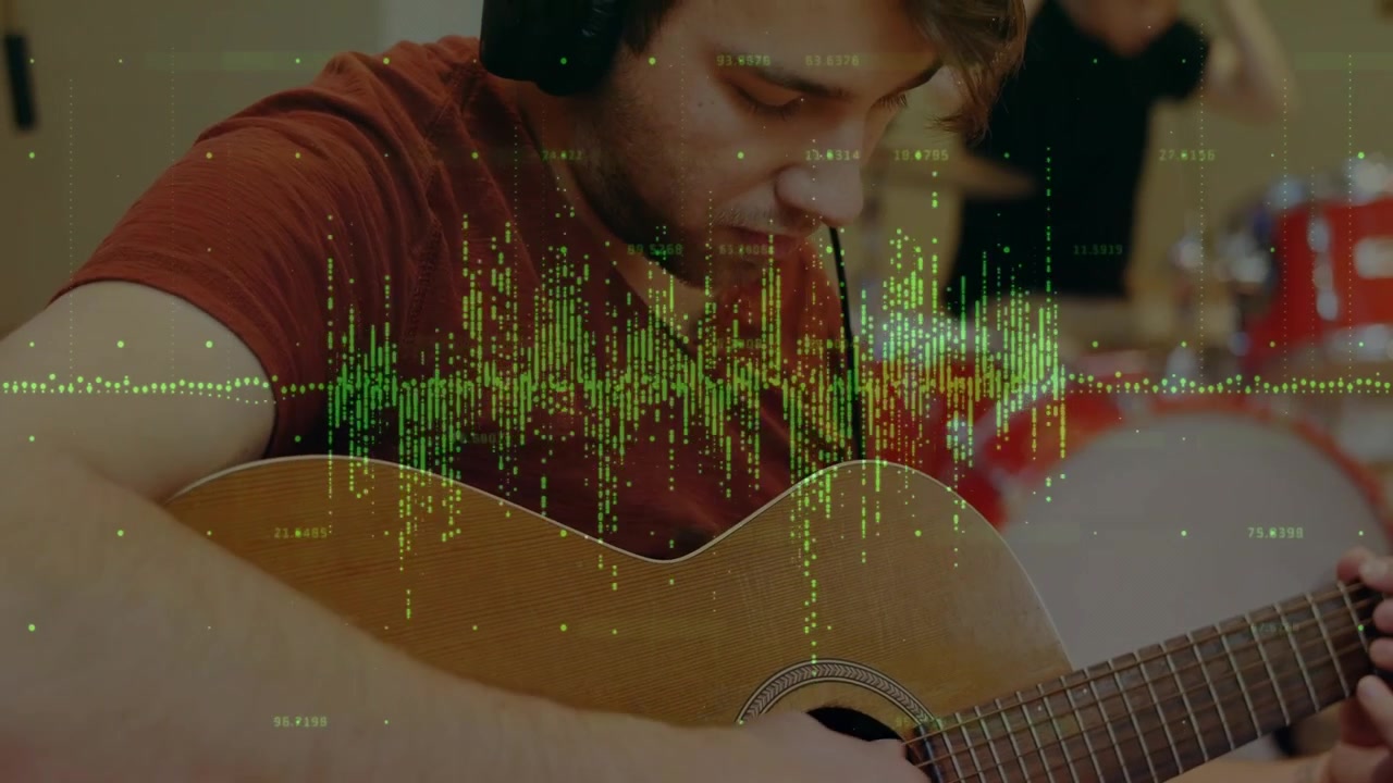 Chitarrista che strimpella vicino alla buca, con una forma d'onda verde che pulsa, mentre preme le corde con le cuffie per la musica.