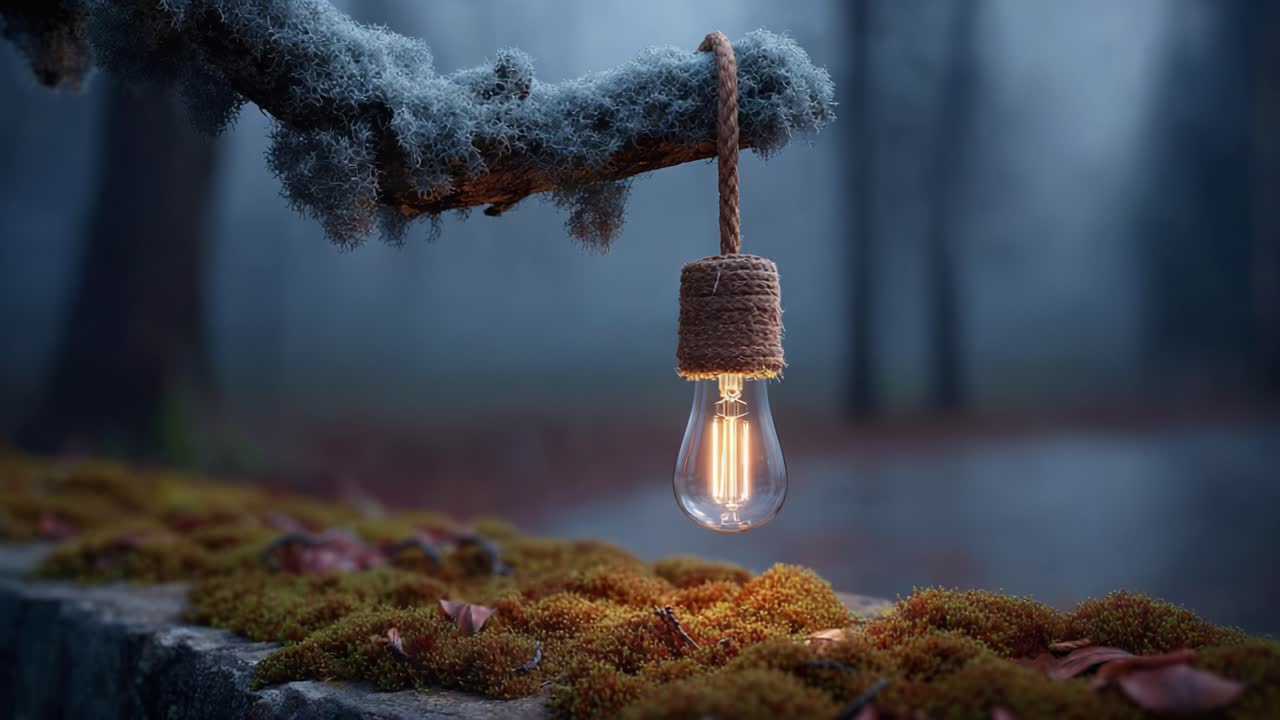 A Softly Glowing Light Bulb Hangs from a Moss-Covered Branch in a Misty Forest Setting, Casting Warm Light on the Ground Below in a Magical Atmosphere